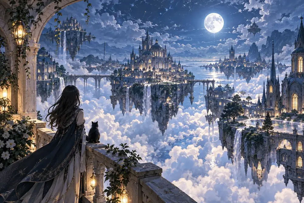 Watercolor anime city architecture floating above clouds beneath a moonlit blue sky