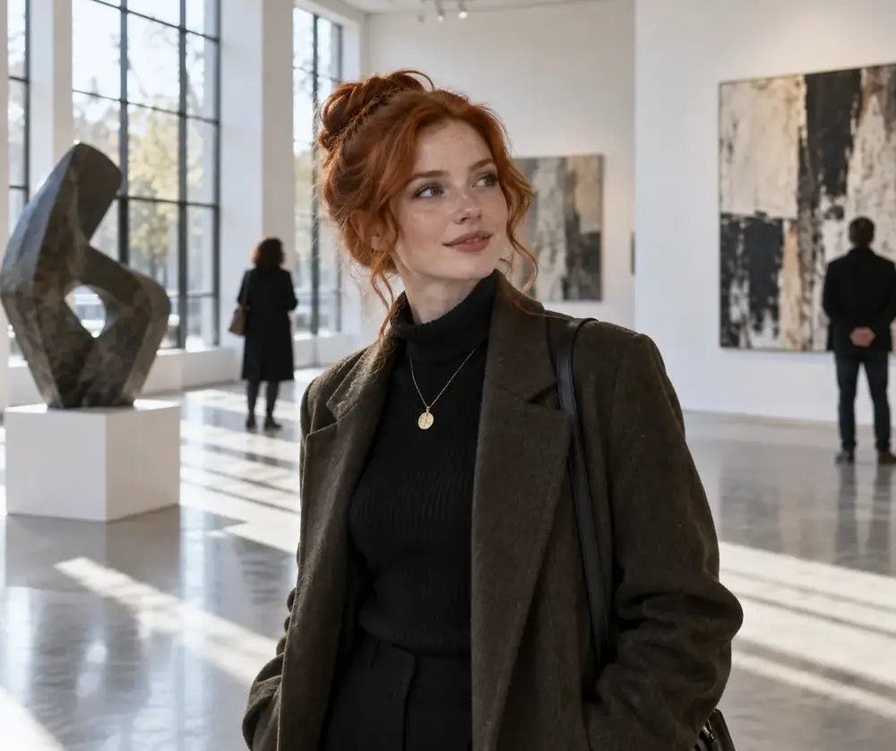 Consistent red-haired character standing in a modern art gallery under natural window light
