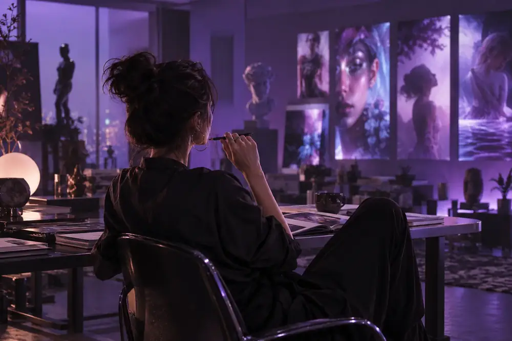 Cinematic editorial portrait of a creative director in a violet-lit studio