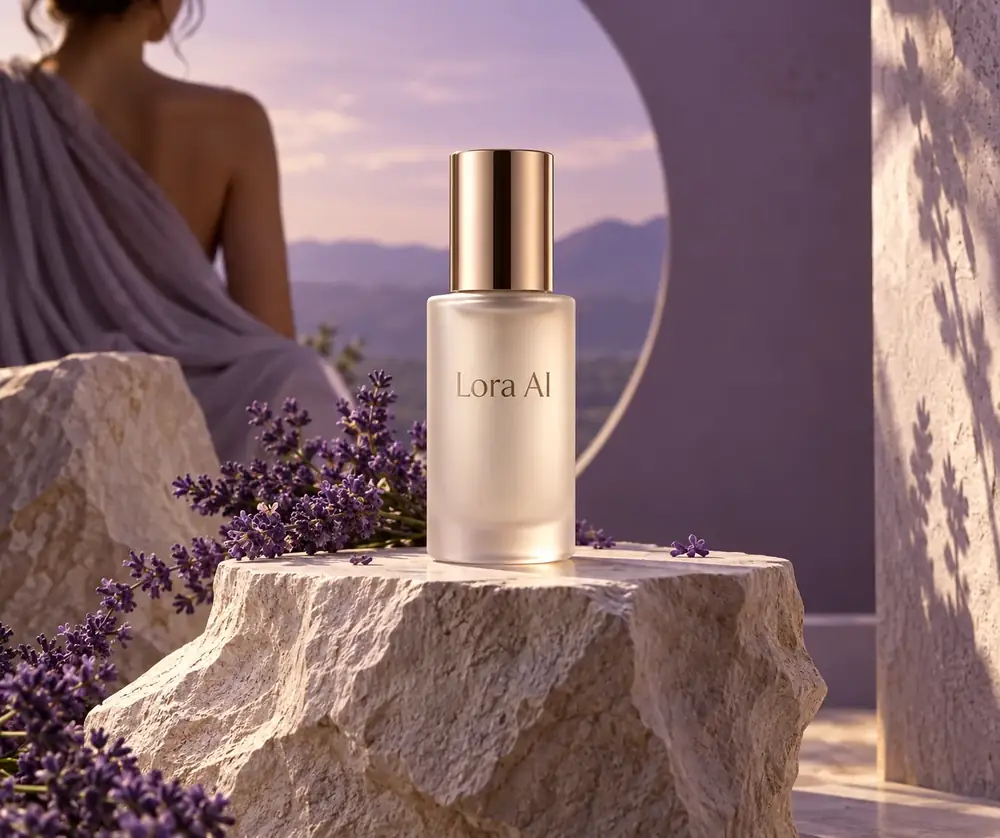 Luxury skincare bottle on a sculptural stone pedestal with a lavender background