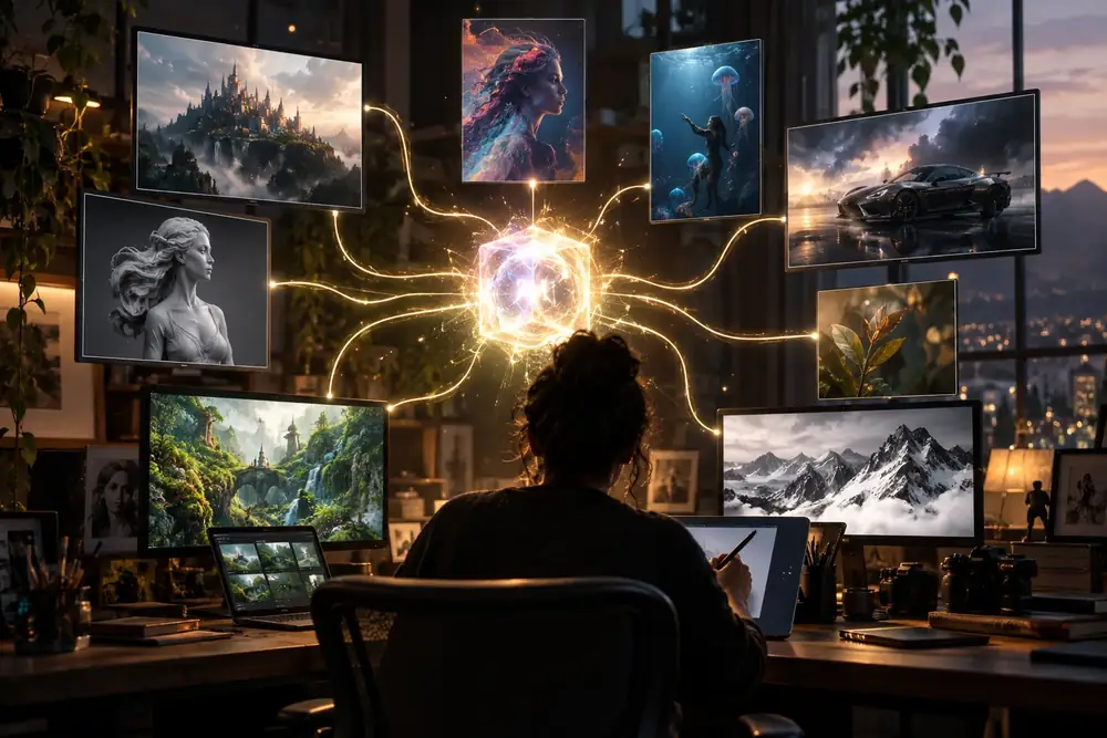 Central luminous LoRA model connected to multiple creative software screens and image-making workflows