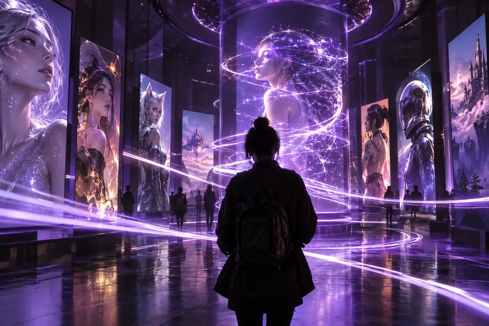 Futuristic violet image generation studio with glowing model panels and fast-moving light trails