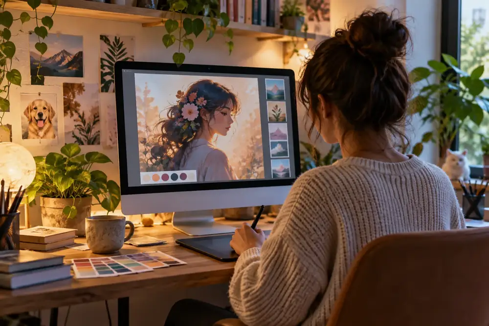 Friendly creative workstation with simple visual controls, color swatches, and an approachable image tool interface