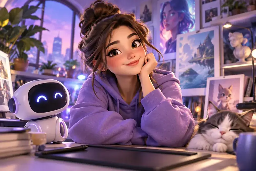 Playful 3D toon character rendered with polished materials and a colorful studio background