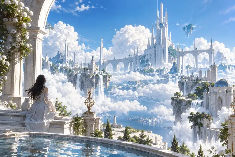 Blue sky anime architecture with airy white towers, bright clouds, and a serene atmosphere