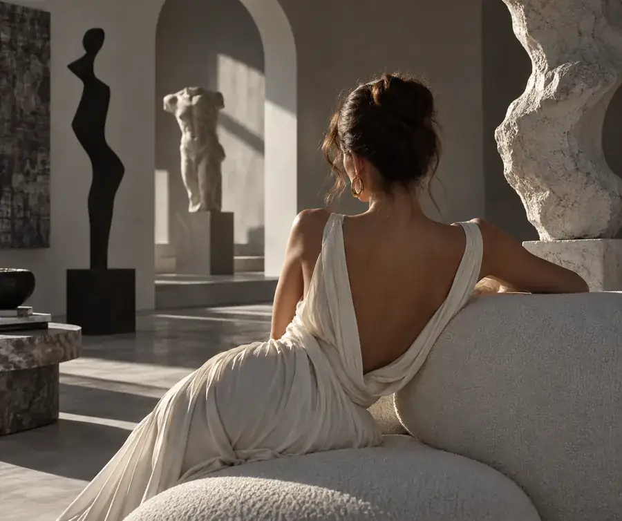 Editorial fashion portrait in a sculptural studio with clean magazine styling