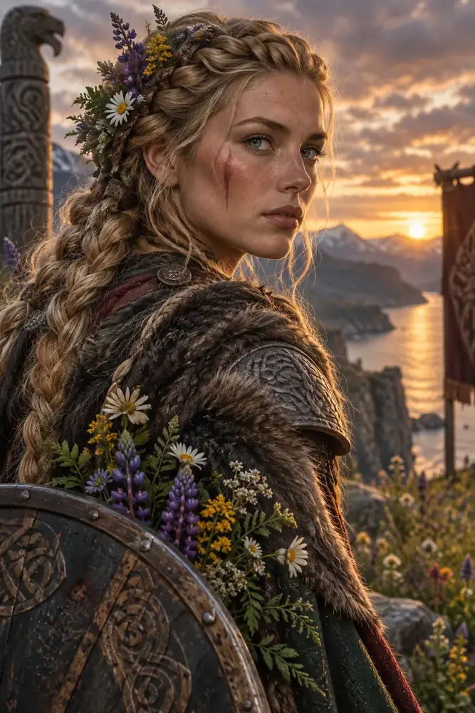 Floral Viking warrior portrait with braided hair, wildflowers, and a rich fantasy palette