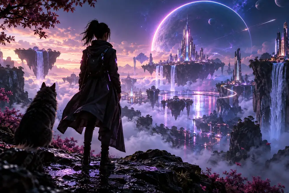 Futuristic neon landscape and character showcase in a high-contrast Flux-inspired style