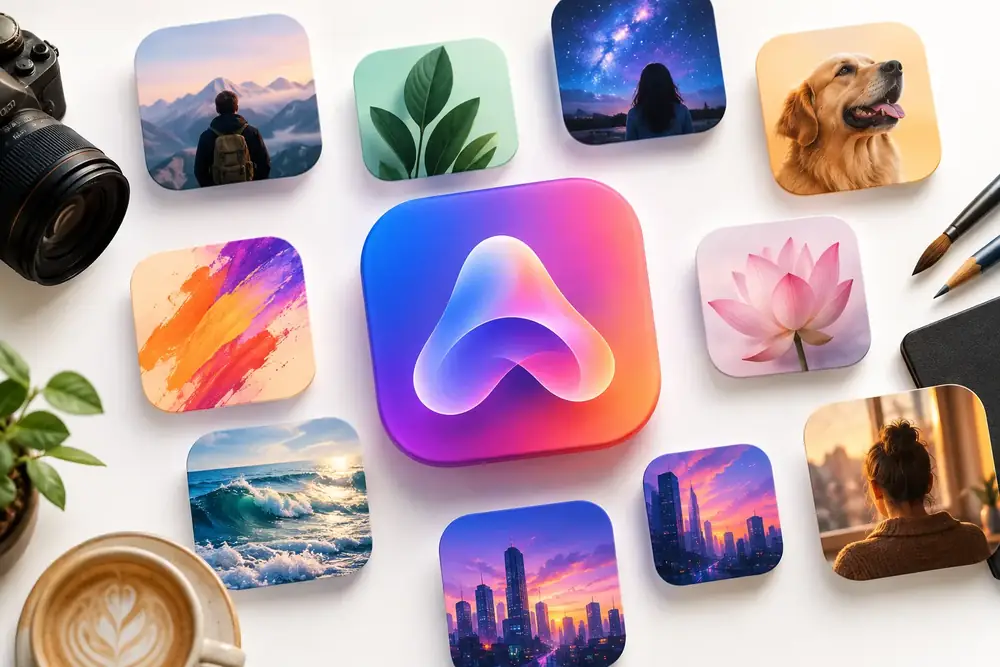 Clean set of colorful app icons and brand marks arranged on a bright neutral background