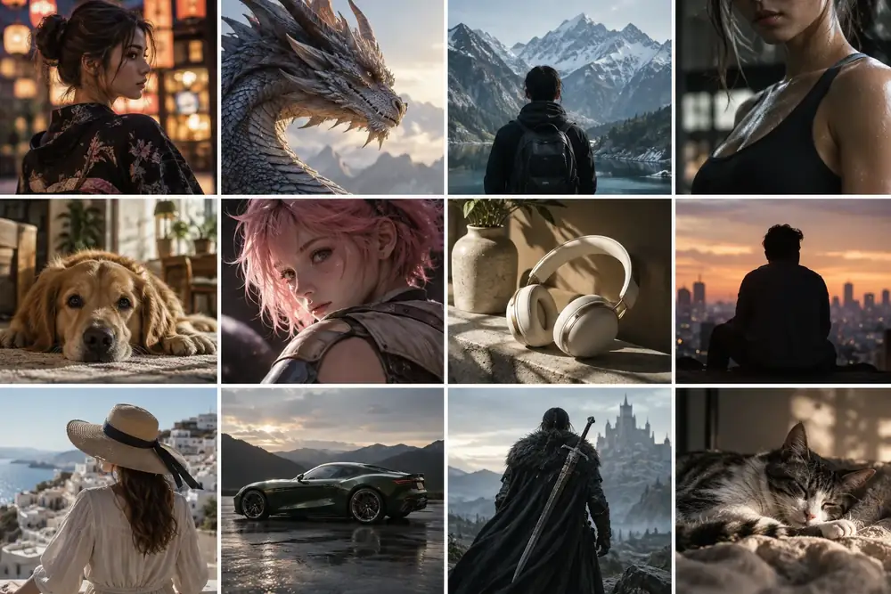 A grid of varied LoRA character and product generations arranged like a creator mood board