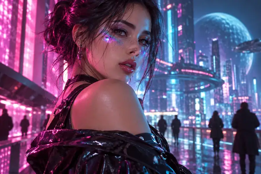 Neon cyber heroine with luminous makeup and electric magenta and cyan city light
