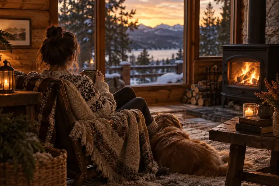 Warm rustic cabin lifestyle scene with timber walls, wool textures, and golden evening light