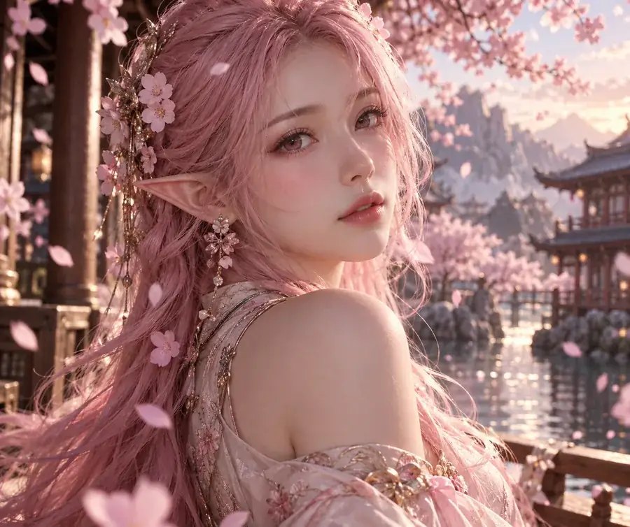 Sakura anime elf portrait with pointed ears, pink blossoms, and soft glowing light
