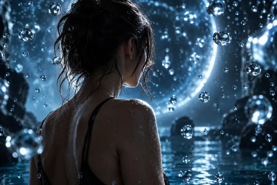 Dramatic cinematic portrait surrounded by suspended water droplets and cool blue highlights
