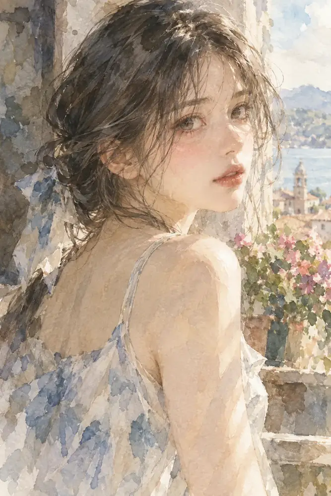 Watercolor anime portrait with loose brushwork, translucent color, and a pale paper texture