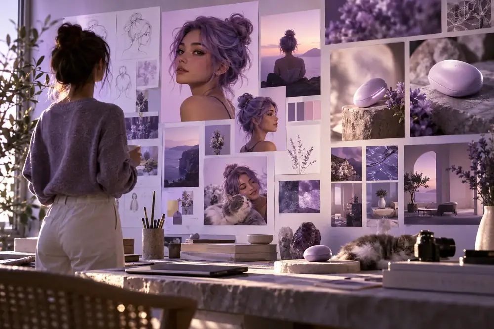 A bright creative studio wall showing a consistent AI character, product photography, and a visual style board in soft violet light