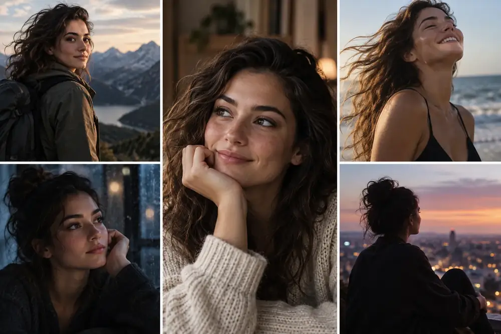Stylized portrait series showing one consistent character across several moods and settings