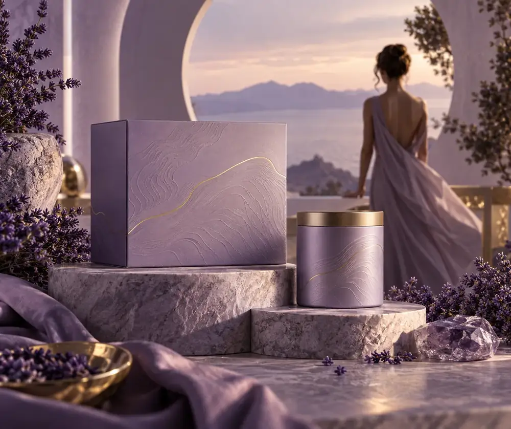 Premium product advertising scene with branded packaging on a sculptural lavender set