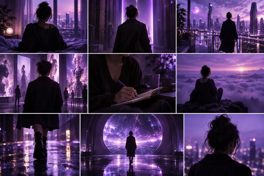 Motion storyboard with a recurring character moving through cinematic violet-lit scenes