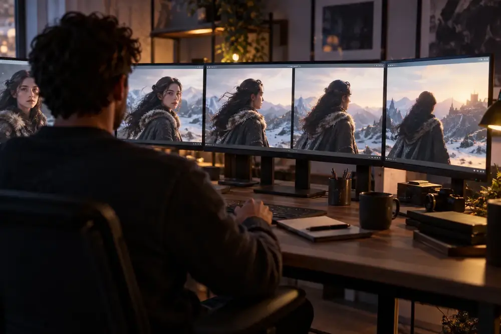 AI video creation workstation showing consistent character frames across a short sequence