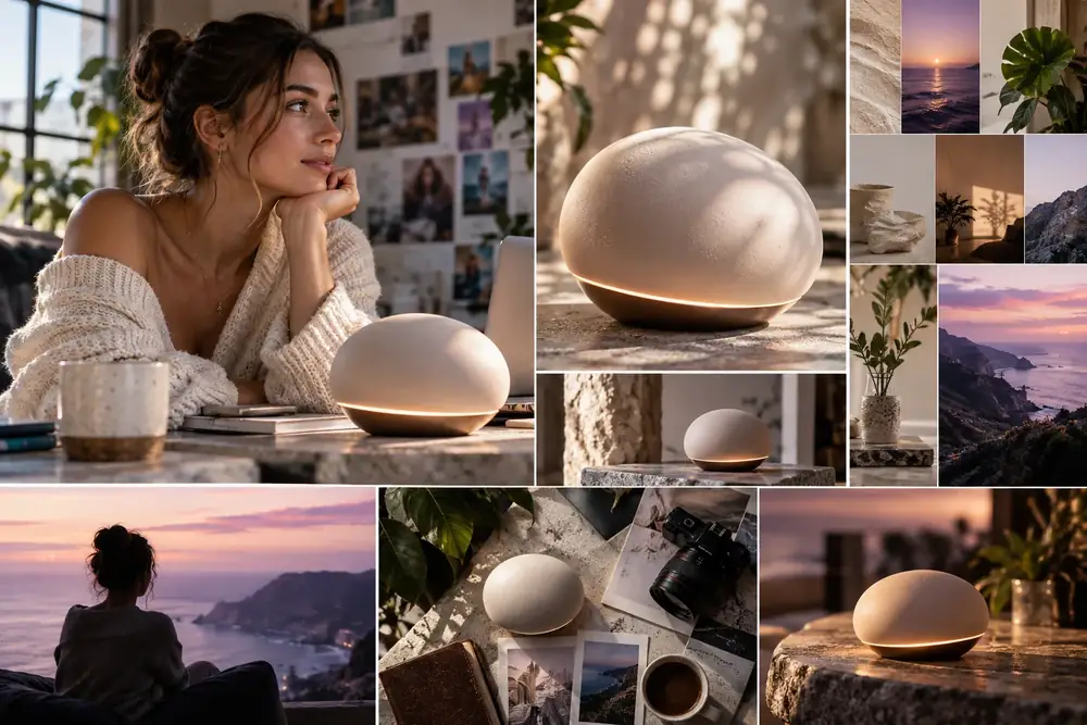 AI image workflow with an influencer portrait, product photography, and a visual mood board